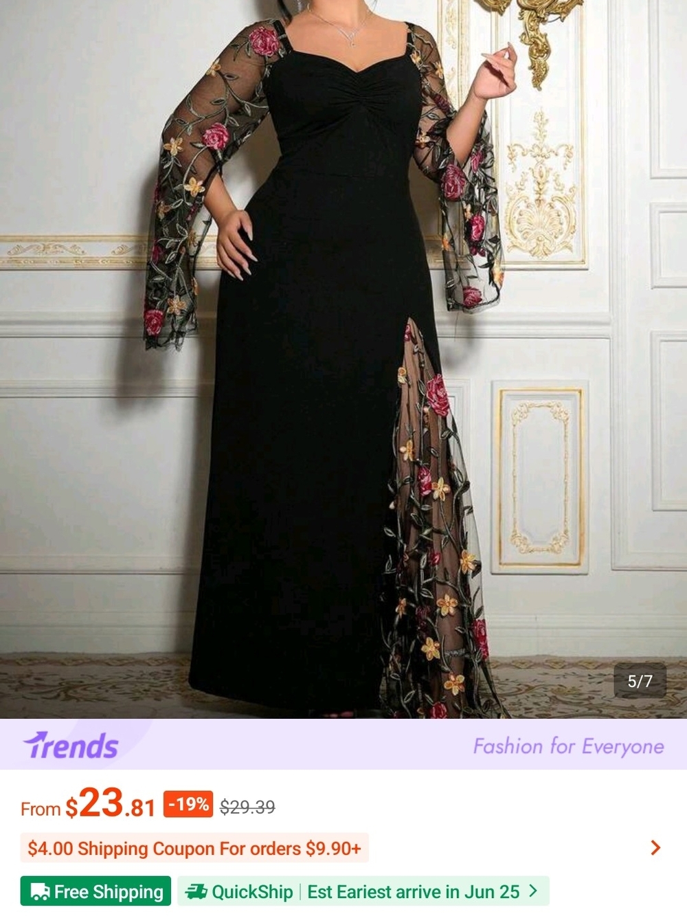 SHEIN Black Maxi Dress with Embroidered Floral Mesh Panels